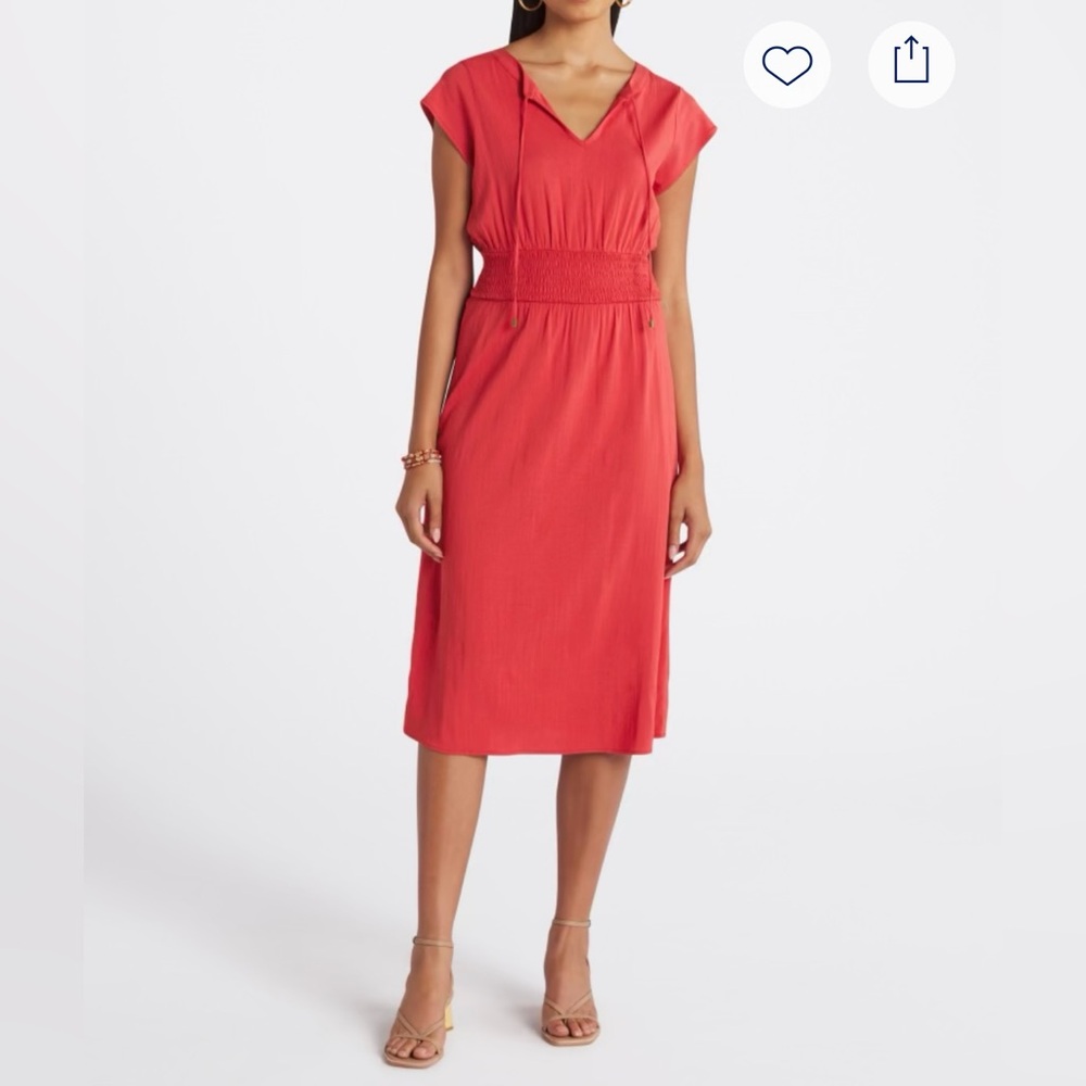 Coral Smocked Midi Dress